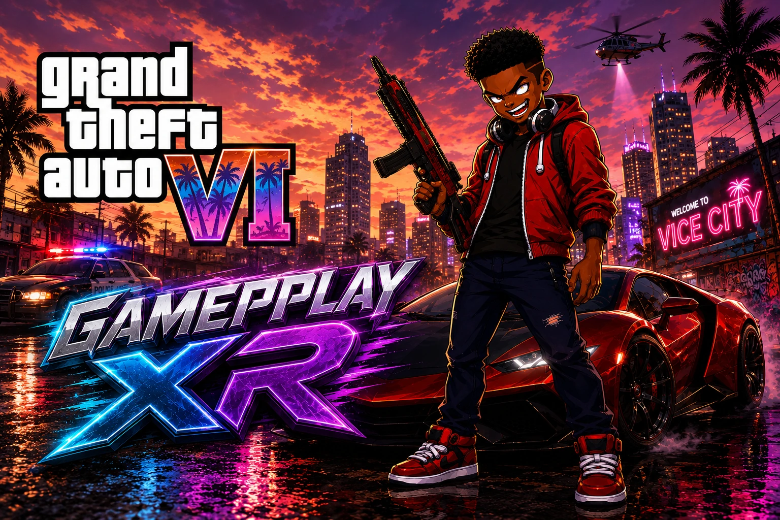 Anime Boss King in a GTA VI themed Vice City scene with the GAMEPLAY XR logo