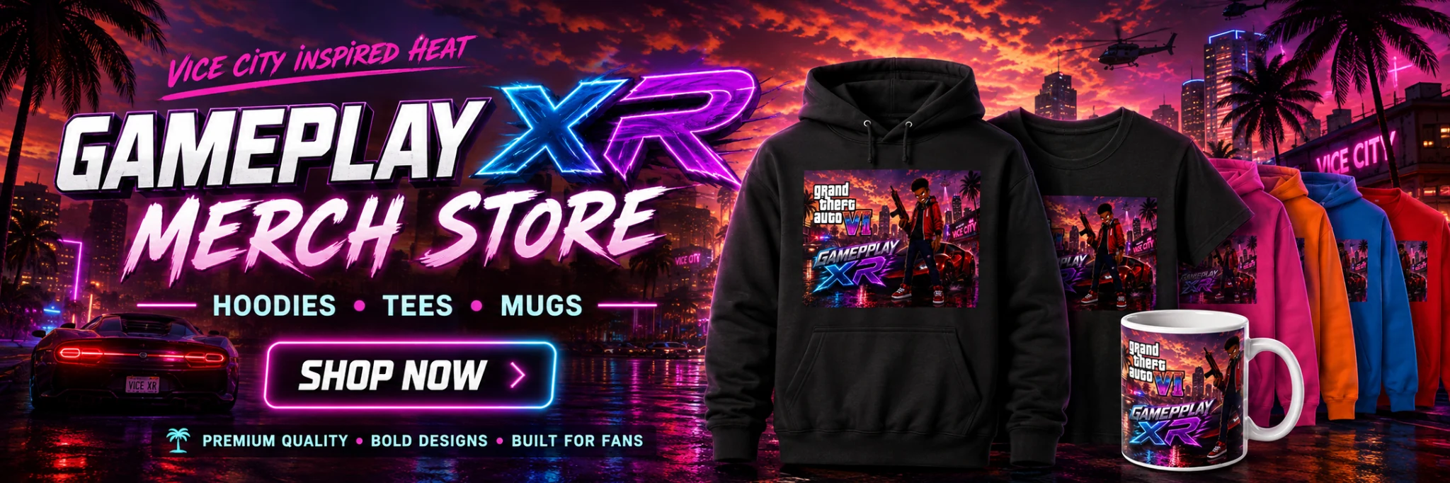 GAMEPLAY XR merch store featuring GTA VI themed Anime Boss King hoodies, tees and mugs